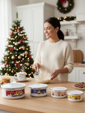 NESTING BOWLS -- Christmas, Enamel, Stacking, Set of 4 w/ Lids, "Happy Holidays"